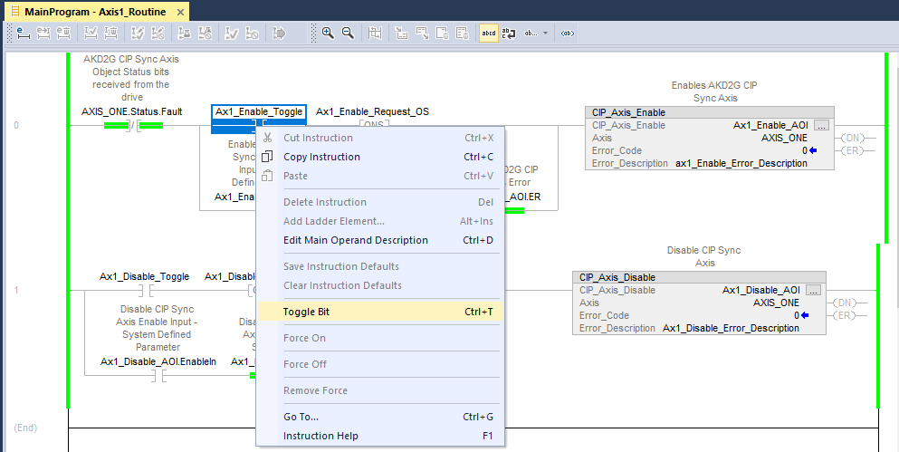 Axis1_Routine Rung 0 with Ax1_Enable_Toggle Normally Open Contact in with Toggle Bit selected